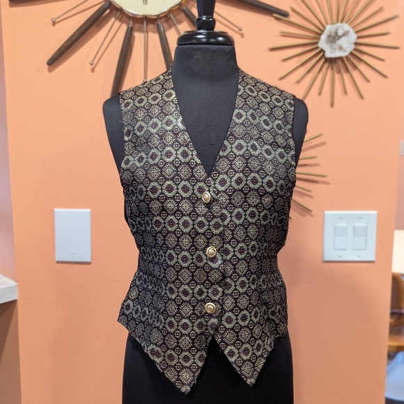 Vintage 90s Whimsigoth Patterned Button-Up Vest Satin Medium Gloria Lance Boho - Picture 8 of 12